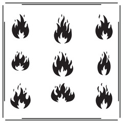Flame Icons Set - Black Fire Illustrations, Fire Symbols, Vector Design for Heat, Energy, and Flame Concept, Fire Safety, and Hot Topic Graphics