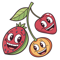 Obraz premium Cartoon fruits with happy faces including a strawberry and two cherries hanging from a stem with a leaf