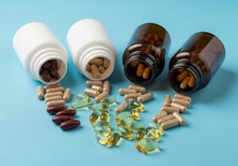 Various pills spilling from bottles on a blue background