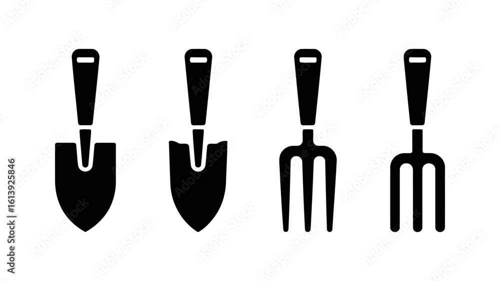Aufkleber Vector art of a set of gardening tools including spades and forks arranged in a simple vector design