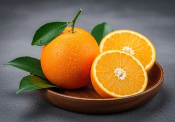 Fresh oranges with leaves are arranged on a wooden plate