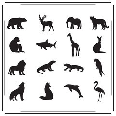 Wild Animal Silhouettes - Bear, Lion, Elephant, Shark, Giraffe, Tiger, Dolphin, Monkey, Fox, Parrot - Vector Icons and Wildlife Designs