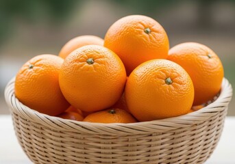 A basket is filled with fresh and ripe oranges