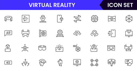 AR and VR vector line icons featuring headsets, 3D visuals, immersive experiences, controllers, simulations, digital environments, interaction, and virtual technology.