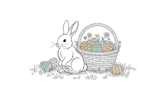 Charming easter bunny with colorful eggs in a woven basket surrounded by spring grass and flowers