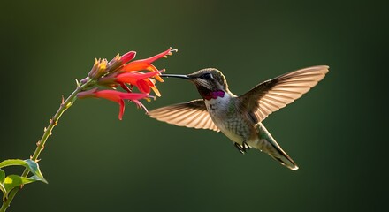 Hummingbird hovering near red flowers, wings backlit against a dark green background