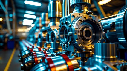 A close-up of intricate industrial machinery, showing metal components such as gears, valves, and seals 