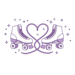 Minimalist Purple Roller Skates Illustration with Heart-Shaped Laces and Decorative Stars on Transparent Background