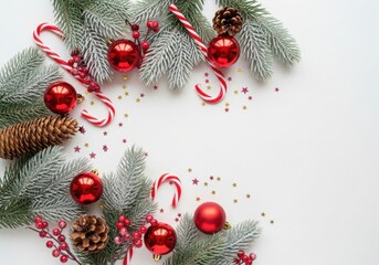 Christmas ornaments and candy canes are arranged on a white background