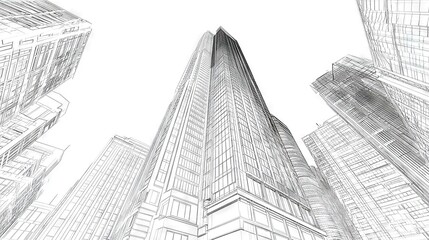 Fototapeta premium A monochrome sketch of a metropolis featuring towering structures in front and a backdrop of clouds
