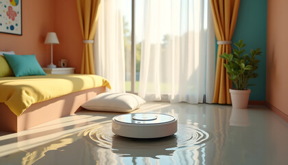 Robot vacuum cleaner dealing with a flooded floor in a sunny bedroom.