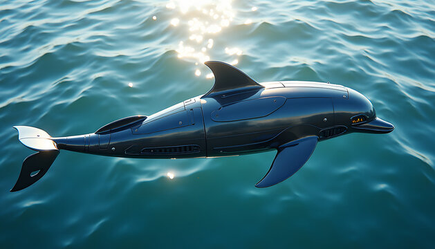 A sleek, metallic robot dolphin swims through tranquil ocean waters, reflecting sunlight.