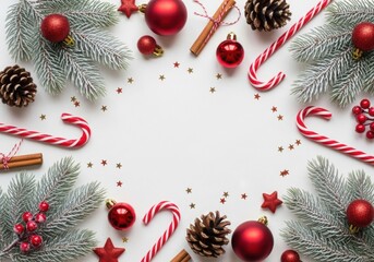 Christmas ornaments, candy canes, and pine cones create a festive border