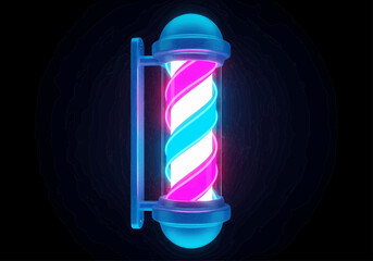 Retro Barber Pole Illuminated with Pink, White, and Blue Neon Lights on a Dark Background