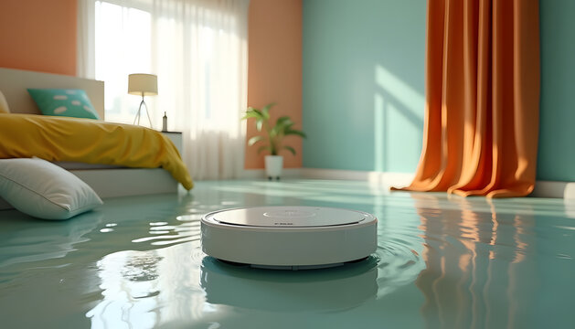 A robot vacuum attempts to clean a flooded bedroom, a humorous take on home automation.