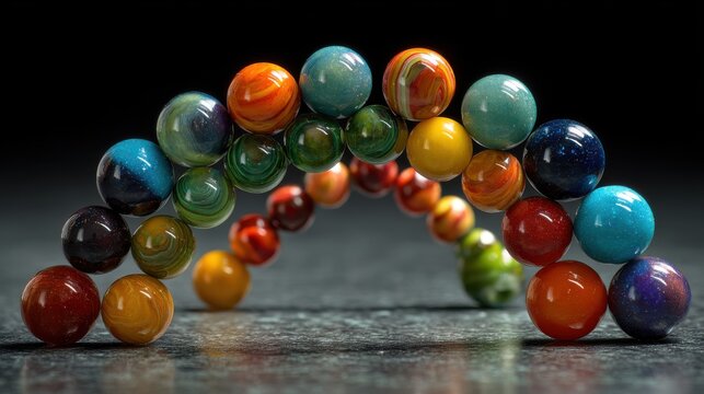 Beautiful photo of colorful Marbles Arranged in Parabolic Arch on Dark Background.