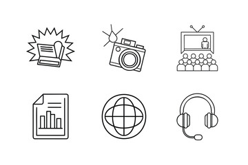 Mass Media Icon Set. a document with bar chart, a globe representing, a headset  and more . Vector Illustration 
