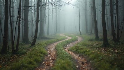 Misty forest with diverging paths and atmospheric lighting