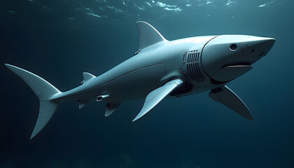 Fototapeta premium A futuristic robotic shark swims gracefully through the deep ocean, a blend of technology and marine life.