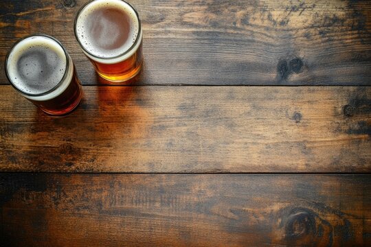 Top view of two frothy craft beers on rustic wooden table with copy space on the right, ideal for brewery branding, beer tasting ads, or pub drink menu backgrounds