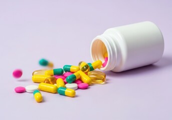 Pills spilling from a medicine bottle isolated on white background