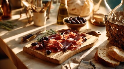 Cured meat olives and bread on rustic board