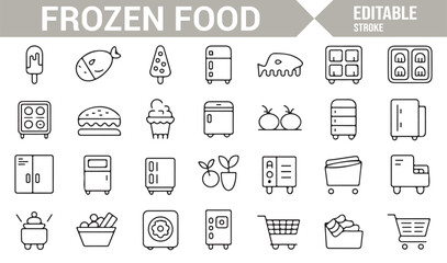 Vector Icons Representing Frozen Food, Ice Cream, and Refrigerators for Graphic Design