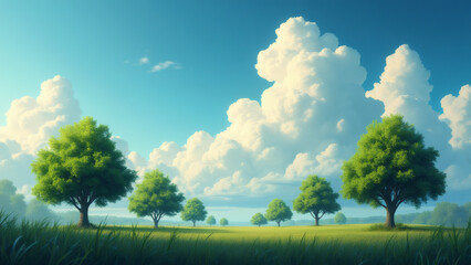 Obraz premium Scenic landscape of lush trees in a vibrant green field under a bright sky