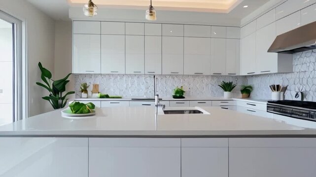 Contemporary white kitchen with cabinets, stainless steel appliances, and a white quartz countertop, modern kitchen interior, created with generative ai	
