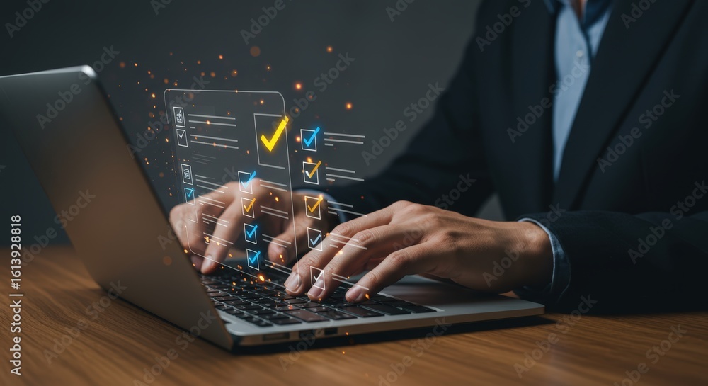 Poster digital task management and project planning – person working on laptop with virtual checklist and w