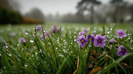  A group of purple flowers sits atop a lush green field, drenched in raindrops on a foggy day