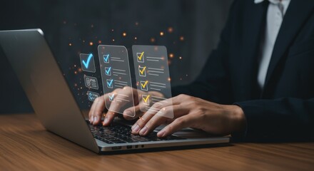 Businessperson using laptop, digital checklist interface, modern technology, professional, serious mood, dark background, glowing checkmarks, efficient workflow, online task management.