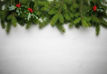 Christmas fir branches and holly berries frame a white wooden background