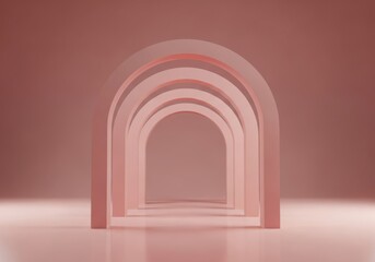 A series of pink arches create a tunnel effect in a studio setting