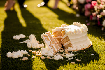 Broken wedding cake lies in disarray on lush green lawn in warm golden sunlight