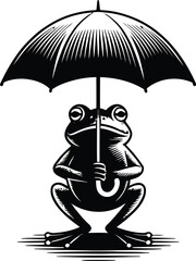 A charming frog illustration stands upright, holding a black umbrella, showcasing a whimsical and artistic design suitable for various creative projects and designs.
