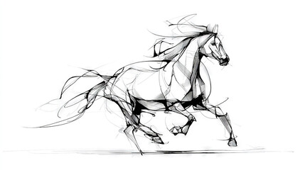   A monochromatic depiction of a galloping steed against a white canvas, framed by a corresponding linear illustration
