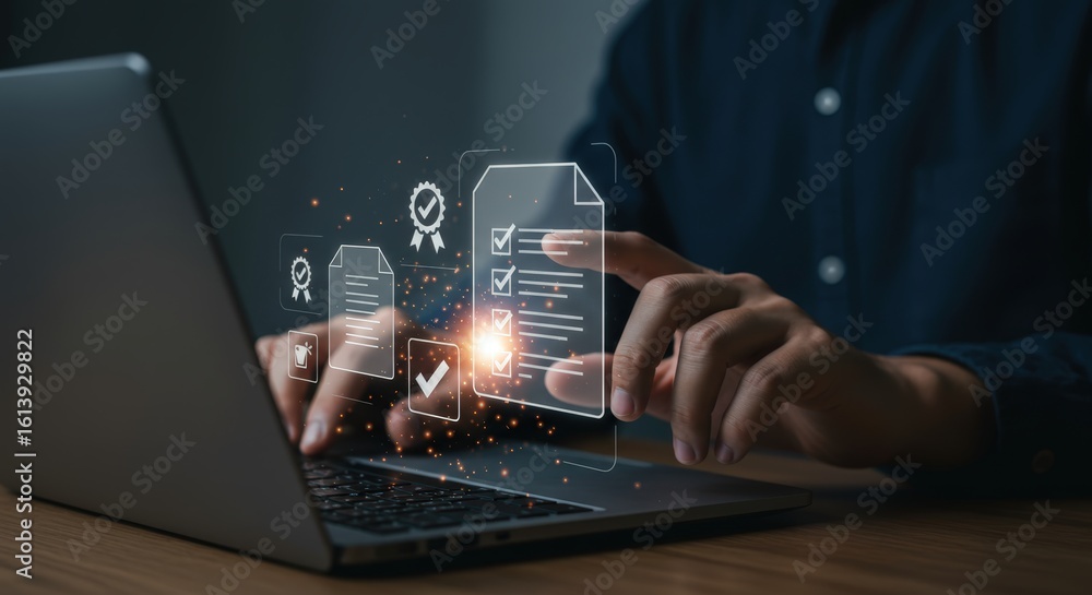 Poster digital document management and quality assurance – person using laptop with virtual checklist and c