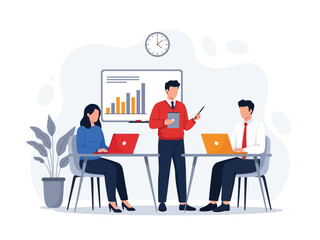 Business team meeting, presentation, data analysis, growth strategy, collaboration, office.