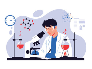 Illustration of a scientist in a lab coat working with a microscope, beakers, and chemical structures, conducting research.