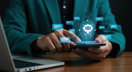 Modern businessman using AI assistant app on smartphone, teal blazer, futuristic interface, digital communication, innovative technology, professional business concept.
