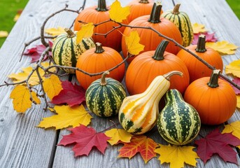 A colorful arrangement of pumpkins and gourds with autumn leaves on a wooden table