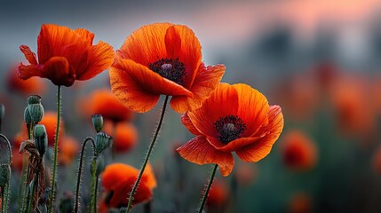 Obraz premium Red flowers in a field of grass with a cloudy sky