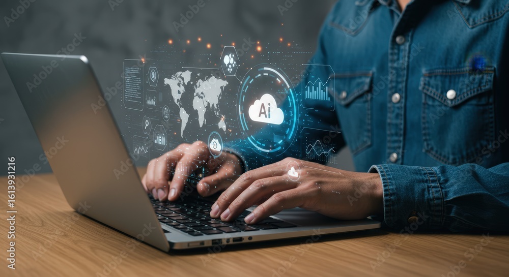 Poster artificial intelligence and cloud computing concept – person working on laptop with ai and cloud tec