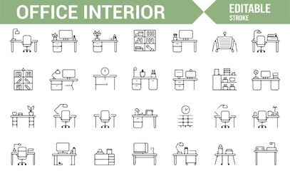 Workspace Icon Set for Office Interiors, Furniture, and Office Design