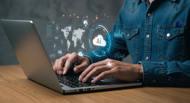 Artificial Intelligence and Cloud Computing Concept – Person Working on Laptop with AI and Cloud Technology Icons - Powered by Adobe