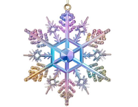 Iridescent Crystal Snowflake with Prismatic Highlights, Side Angle, Transparent PNG