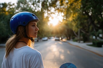 Female teen with helmet skateboarding on sunny suburban street