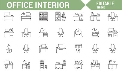 Modern Office Interior Icons for Digital Design, Branding, and Marketing