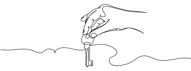 Continuous vector art line. Hand is unlocking the key. Transparent background. editable stroke. © Proongnee